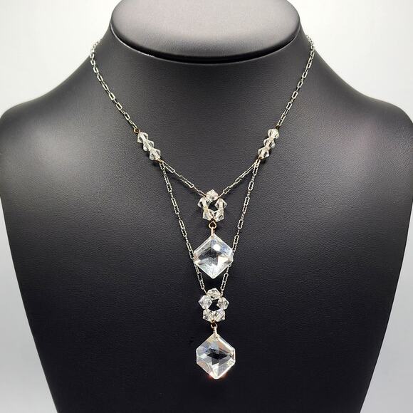 1920s Art Deco Crystal Lavalier Necklace Y Drop Leaded Glass Crinkle Link Chain - Picture 1 of 8